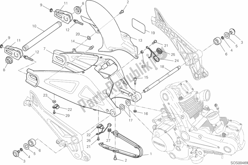 All parts for the Swing Arm of the Ducati Monster 795 ABS Red Stripe CHN-Thailand 2015